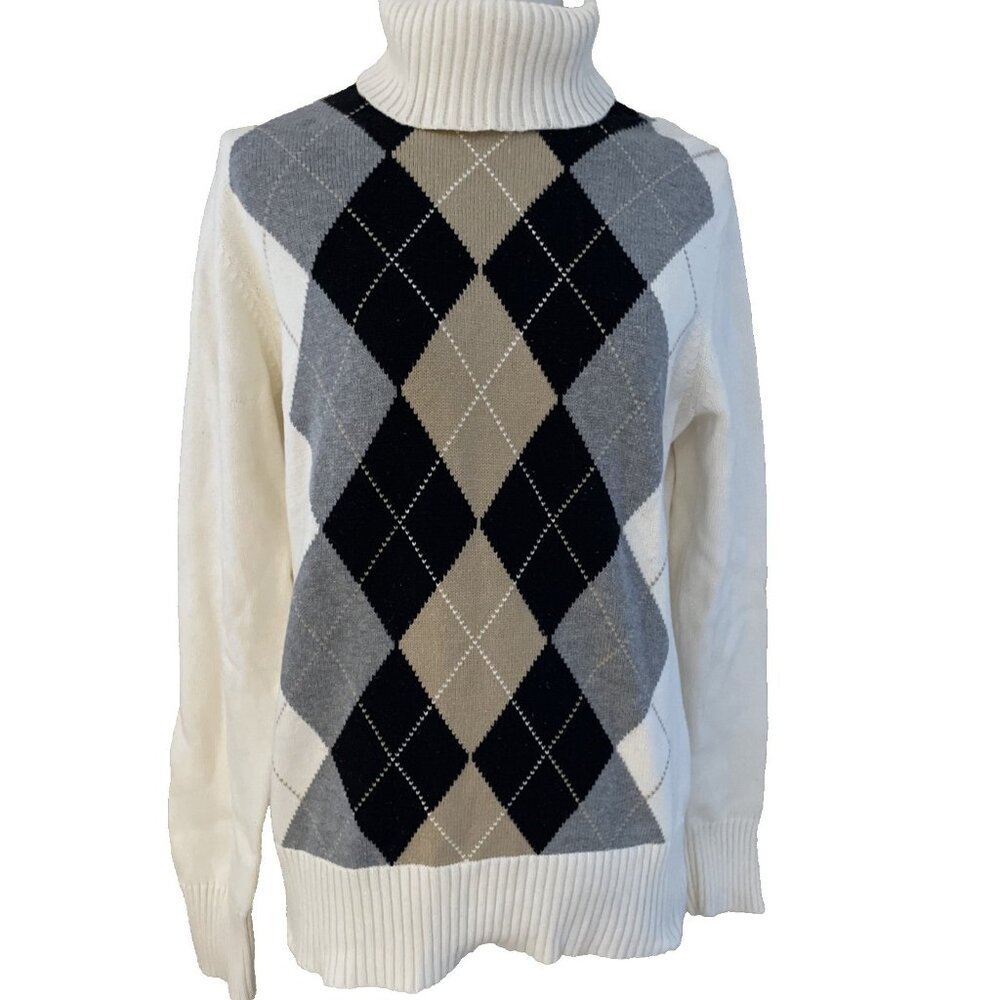 Liz & Co Women’s Argyle Turtleneck Sweater Size XL Multicolor 100% Cotton Preppy